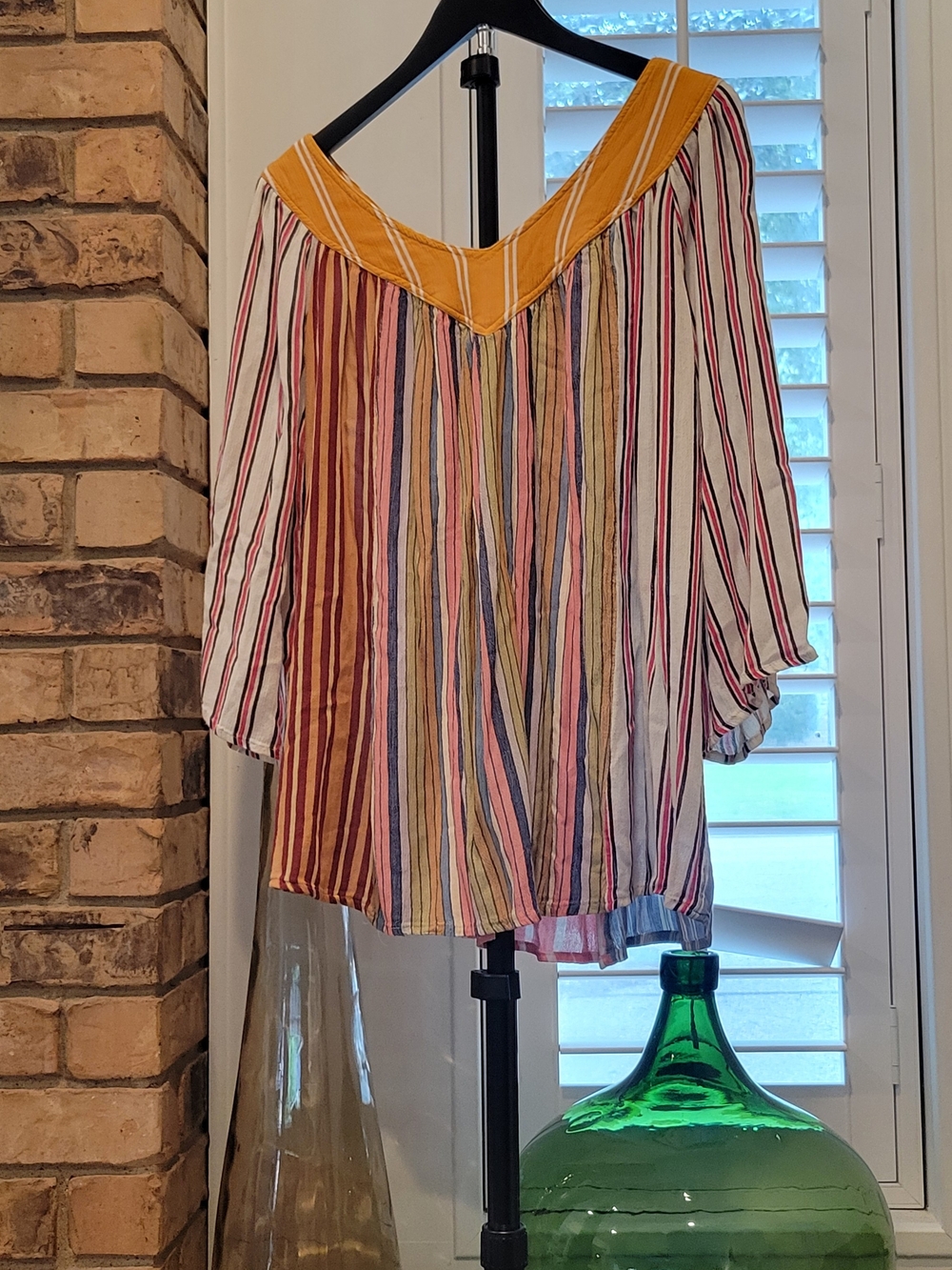 Sacred Threads Multi-Stripe V-Neck Blouse with Mustard Trim